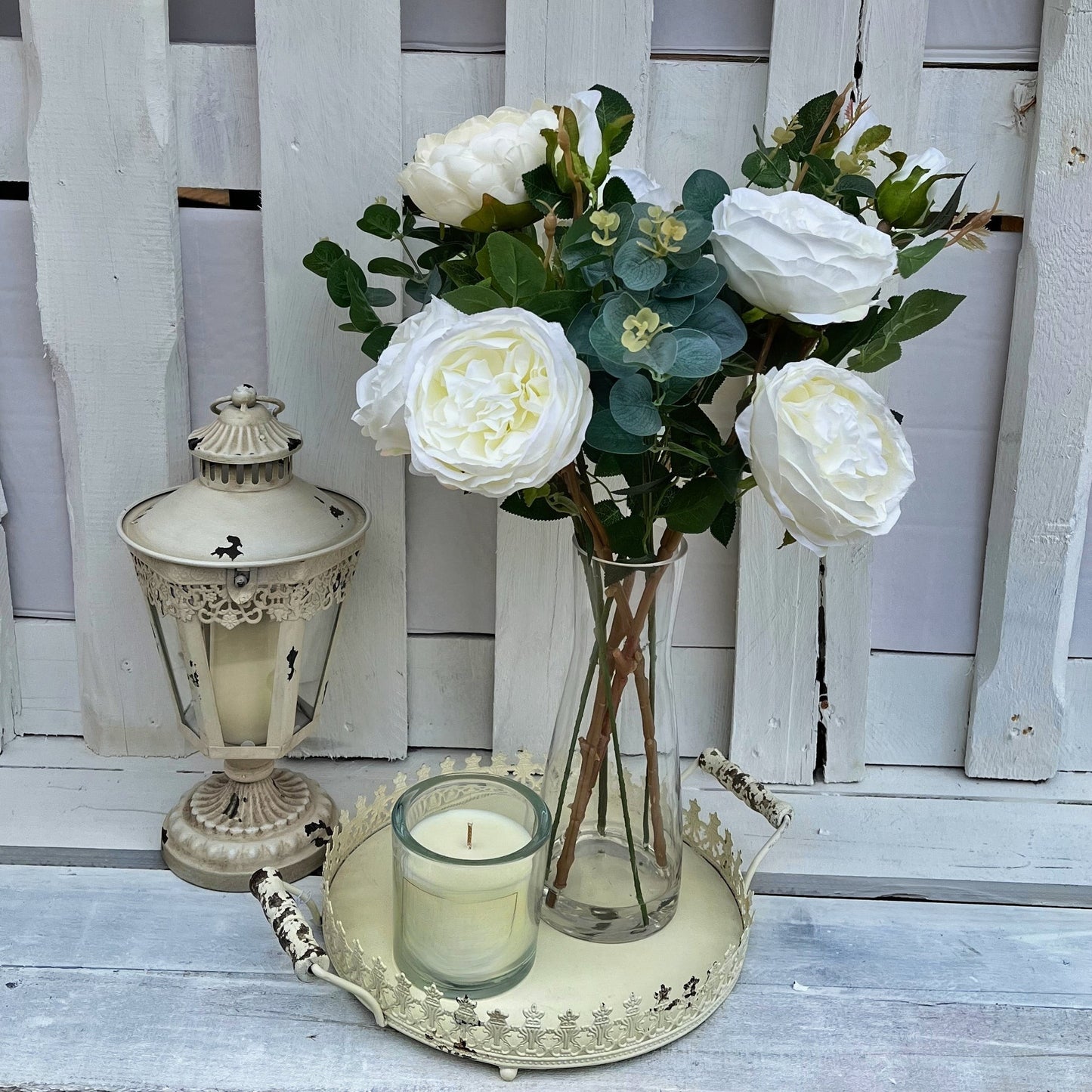 Peony & Rose Arrangement in a beaker glass vase
