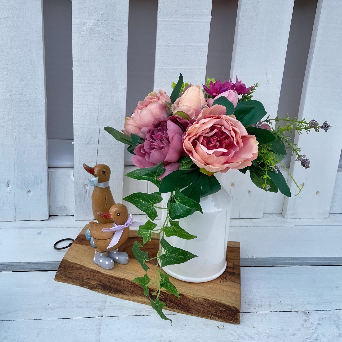 Marion Dusky Peonies and Blooms in White Ceramic Vase Artificial